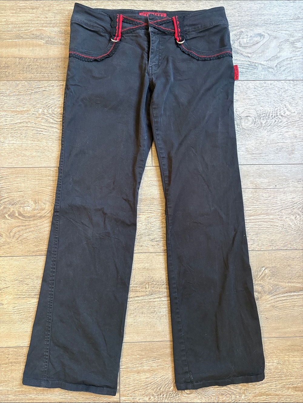 Vintage Y2K Tripp NYC Black Low Rise Bootcut Jeans Red & Black Lace Trim Size 7